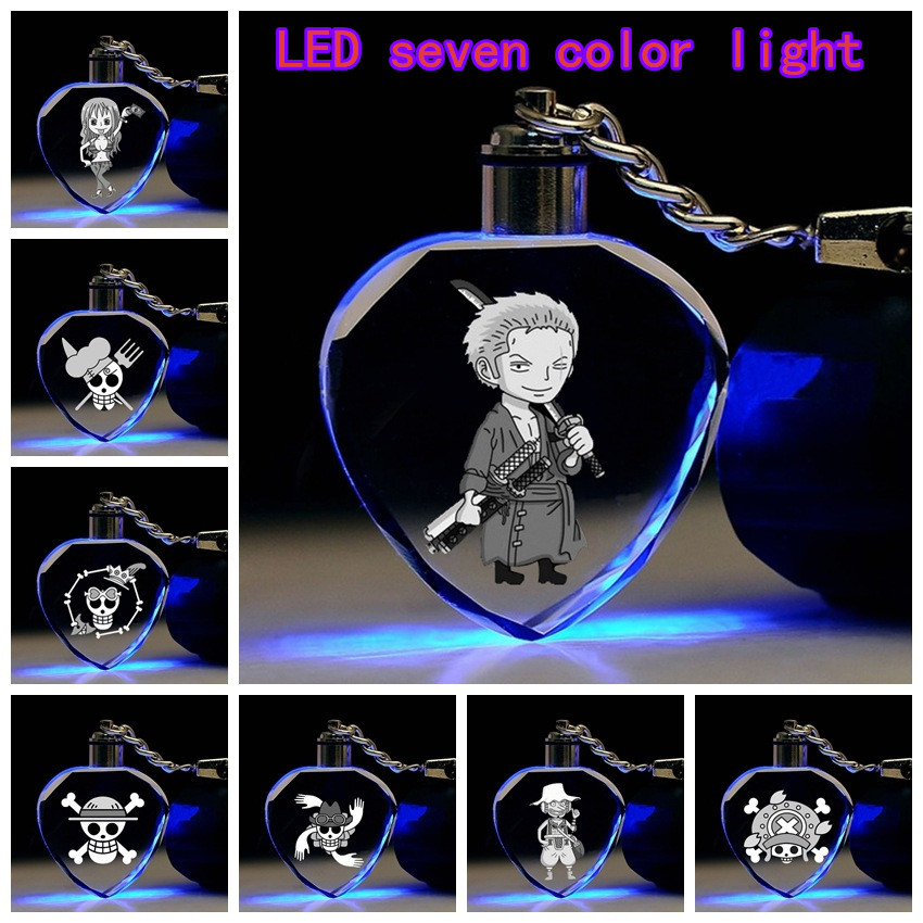 Móc Khóa Đèn LED Pha Lê Hình Hoạt Hình ONE PIECE Luffy Roronoa Zoro Chopper Cá Tính Bảy Màu
