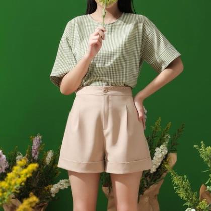 Quần short nữ Méo shop ống rộng dáng xuông lưng cao gập gấu Hafwen ASS