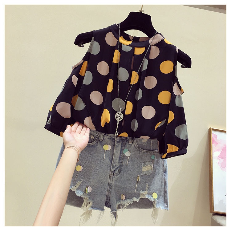 Áo Sơ Mi chiffon Hở Vai Dáng Rộng Họa Tiết Chấm Bi Nhiều Màu Sắc / Trắng / Đen Phong Cách Hàn Quốc Cho Nữ size m-3xl