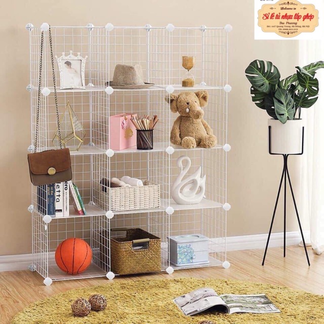 TẶNG 1 MÓC SƯỜN- TỦ KỆ LƯỚI GHÉP SẮT ĐA NĂNG 12 Ô MÀU TRẮNG SÂU 37cm.