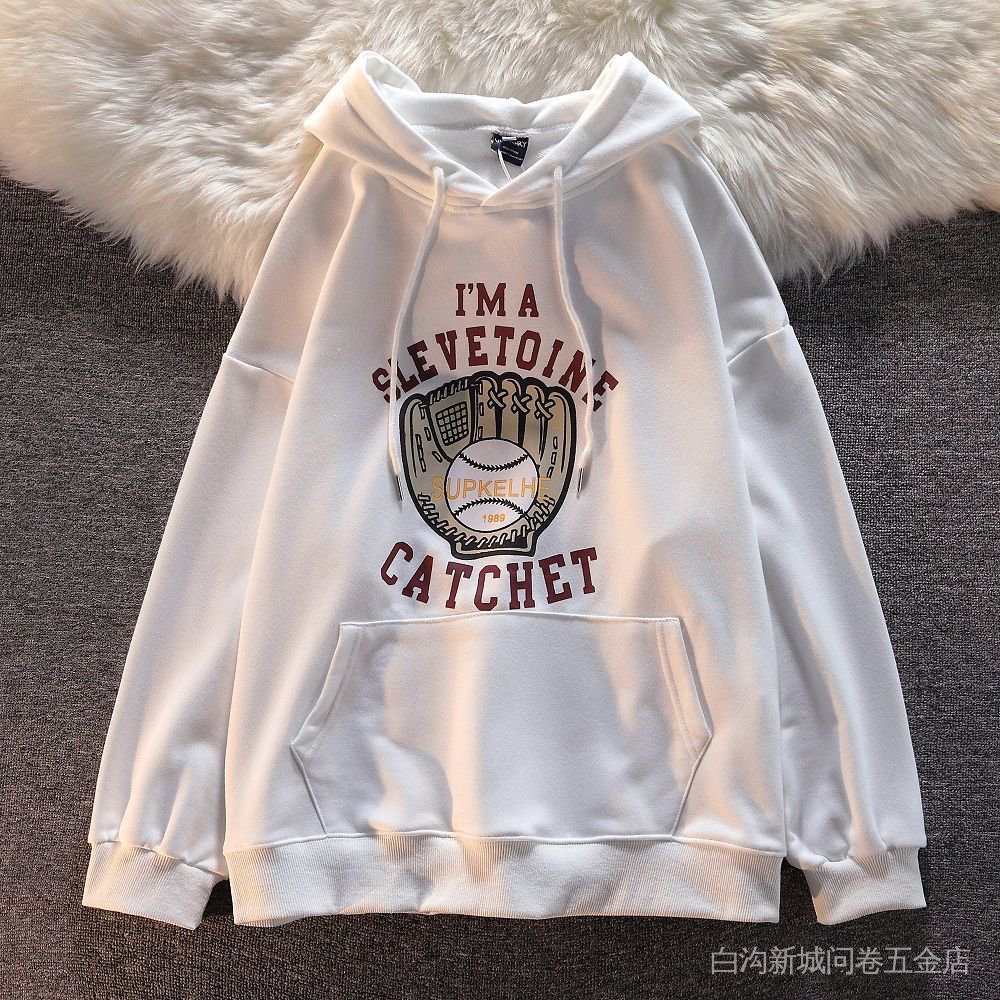 Áo sweater hoodie form rộng in hình găng tay bóng chày xu hướng đường phố Mỹ retro màu xanh lá đậm cho couple