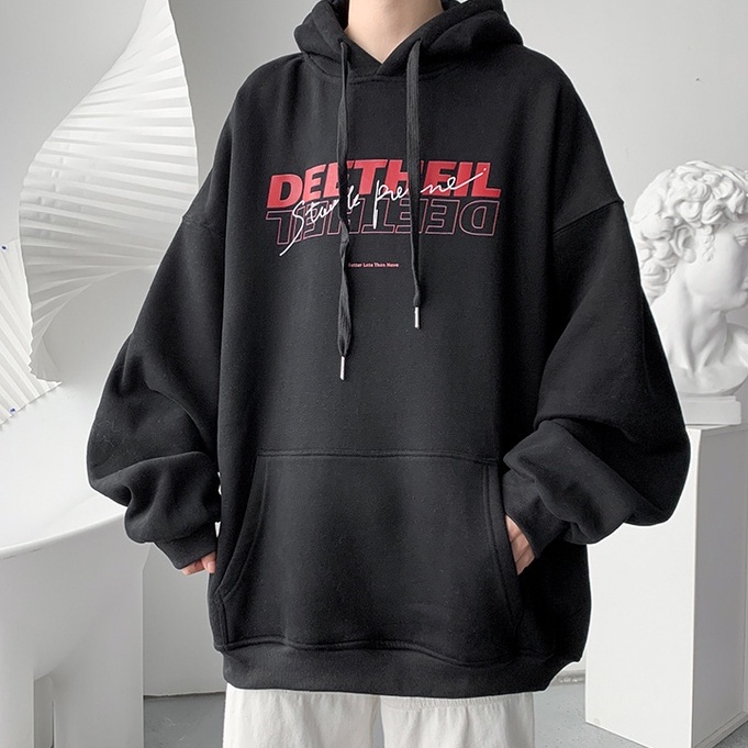 Áo hoodie dáng rộng in chữ phong cách thể thao năng động thời trang cho nam