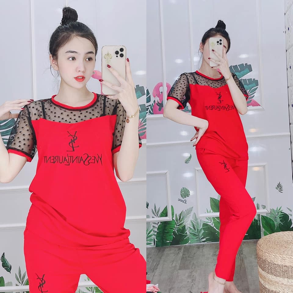 Set Bộ Quần Áo Nữ Cotton Tay Phối Lưới Thời Trang Kèm Ảnh Thật