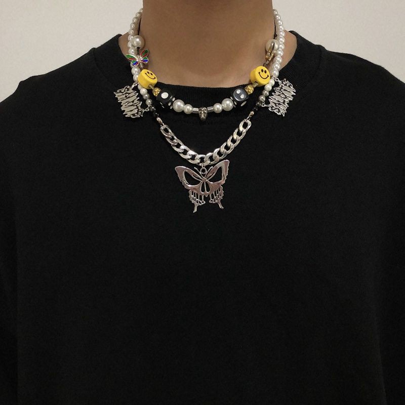 Dây chuyền mặt đầu lâu phối bướm và xúc xắc gốm sứ phong cách hiphop thời trang dành cho nữ