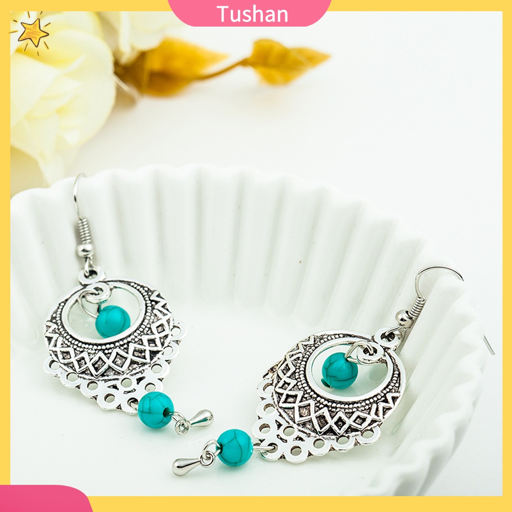 Khuyên tai dáng dài đính đá ngọc lam phong cách Boho