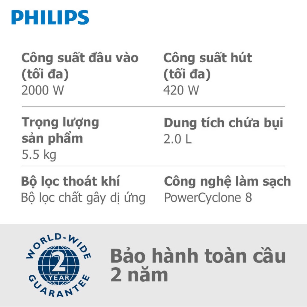 Máy hút bụi Philips không túi FC9728/01, Công Suất 2000W-Bộ lọc Allergy H13-Hàng chính hãng bh 2 năm