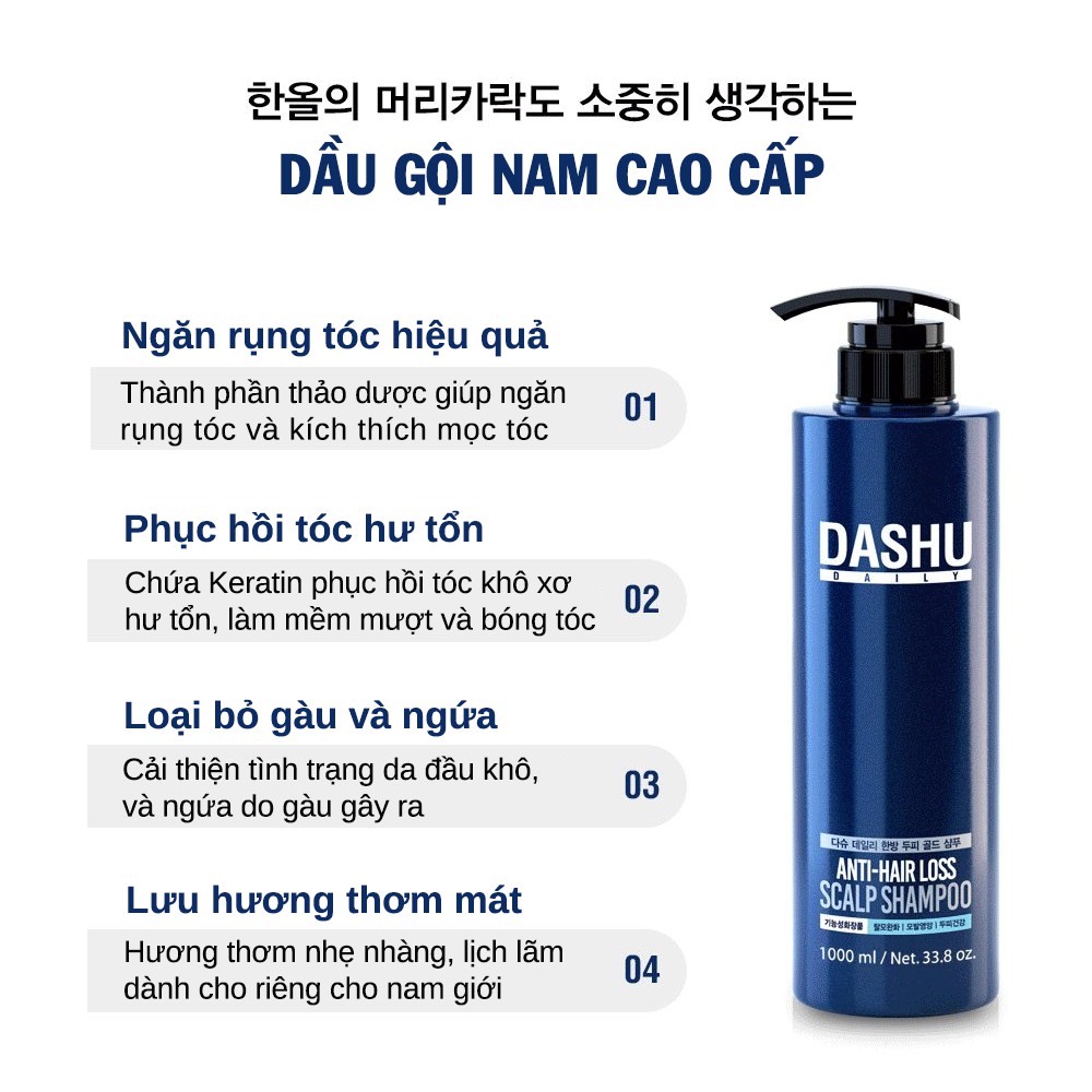 Dầu gội giảm rụng tóc dành cho nam DASHU Anti - Hair Loss Scalp Shampoo Phục hồi tóc hư tổn Sạch gàu và ngứa 500ml DG01