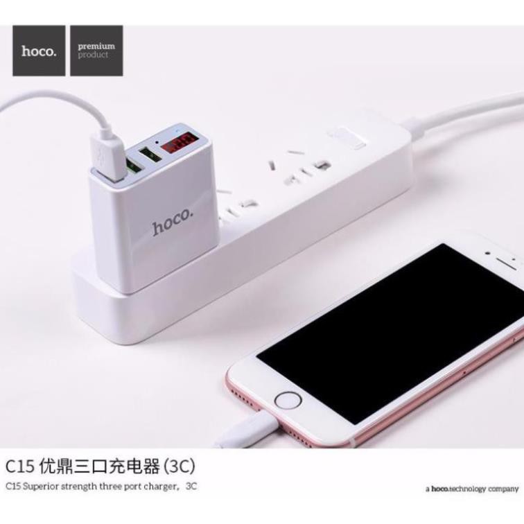 Củ sạc 3 cổng USB Hoco C15 có màn LED hiển thị đo dòng - Hàng Chính Hãng - Ổn định dòng cho Iphone/iPad/Android