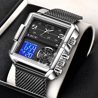 Image of Lige 新款男士數字手錶創意方形不銹鋼時尚防水電子腕錶
