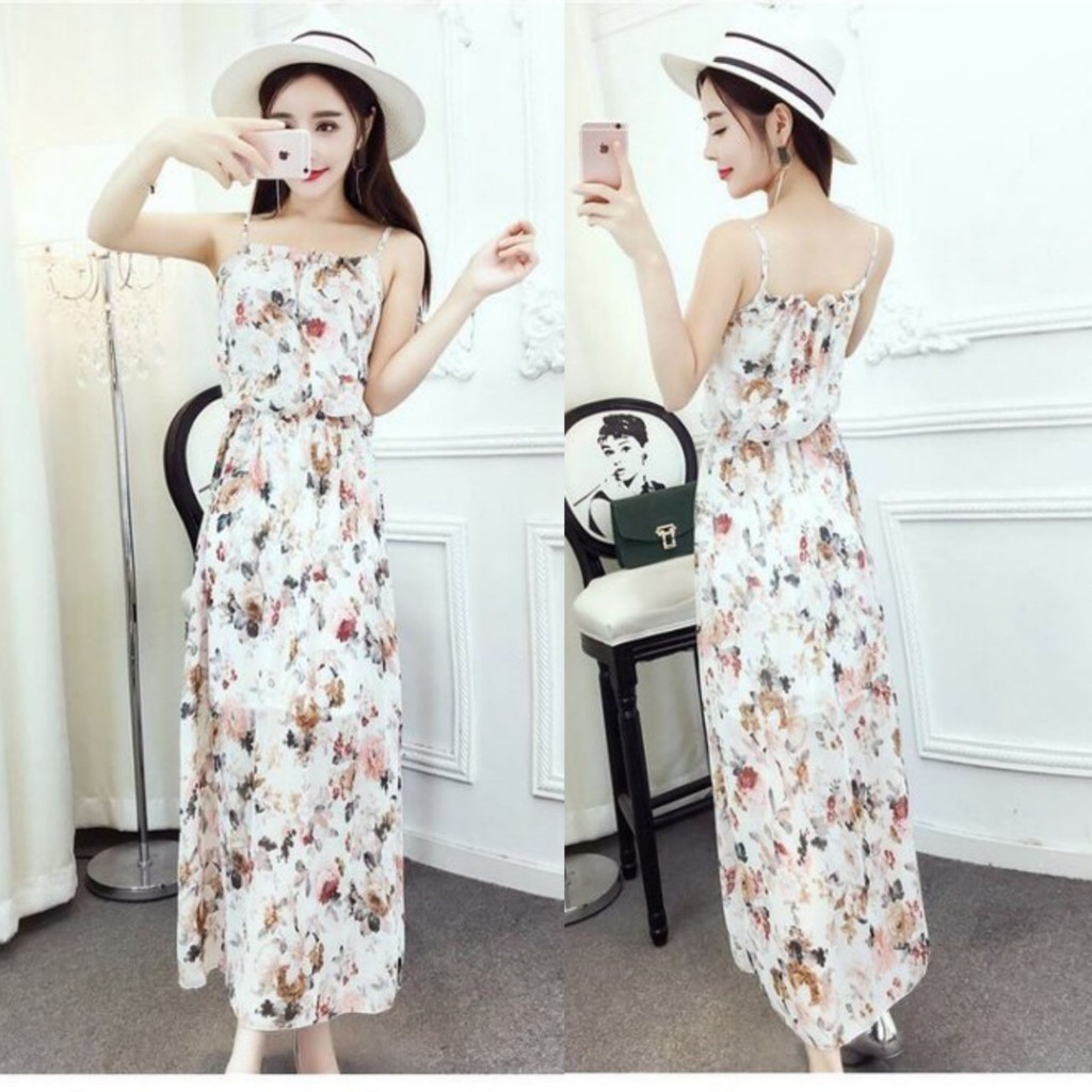 Đầm hoa 2 dây eo bo thun