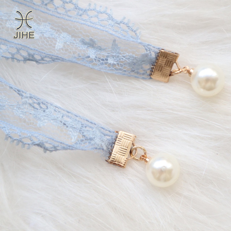 【JIHE】Vòng Cổ Choker Màu Xanh Dương Phối Ren Và Hạt Ngọc Trai Thời Trang Nhật Hàn