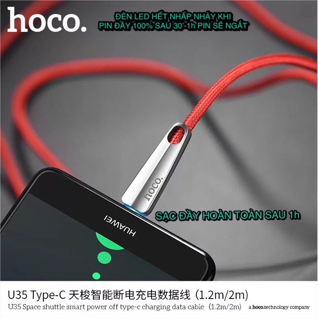 CÁP SẠC NHANH TỰ NGẮT ANDROID TYPE C HOCO U35 BH 6 THÁNG 1 ĐỔI 1