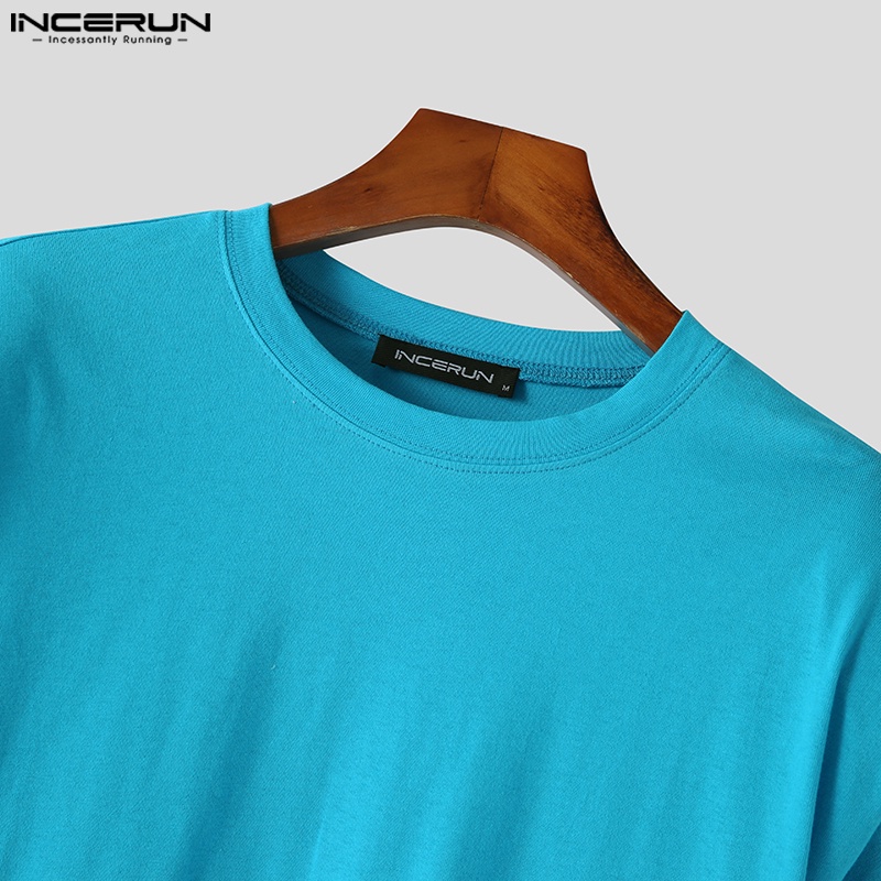 Áo thun INCERUN trơn màu tay ngắn cổ tròn dáng rộng đơn giản cho nam