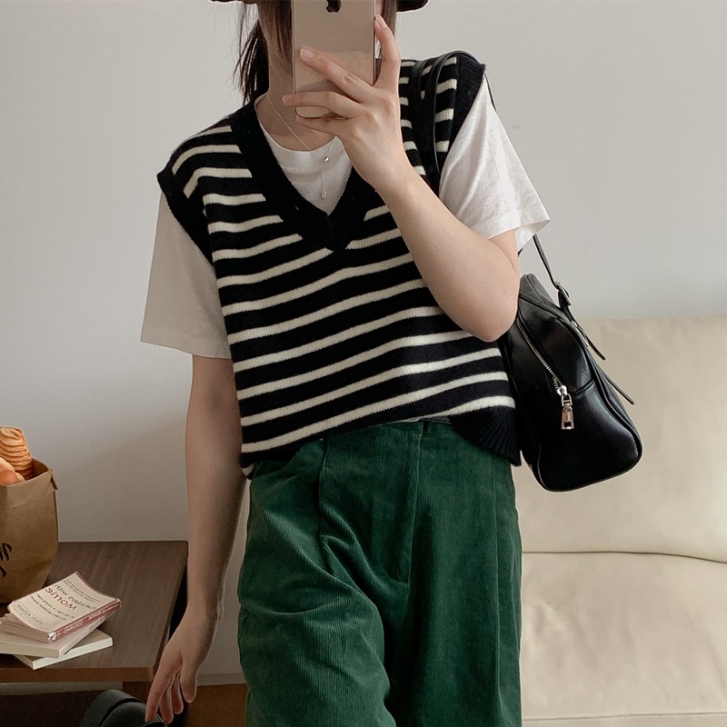 Áo Len Không Tay Cổ Chữ V Họa Tiết Kẻ Sọc Thời Trang Mùa Thu Phong Cách Retro