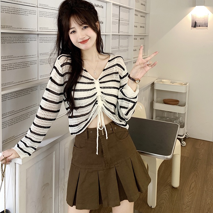 Áo Croptop Dệt Kim Kẻ Sọc Thời Trang Mùa Thu Hàn Quốc Cho Nữ