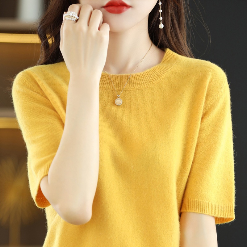 Áo Thun Dệt Kim Tay Ngắn Cổ Tròn Màu Trơn Thời Trang Mùa Hè Cho Nữ
