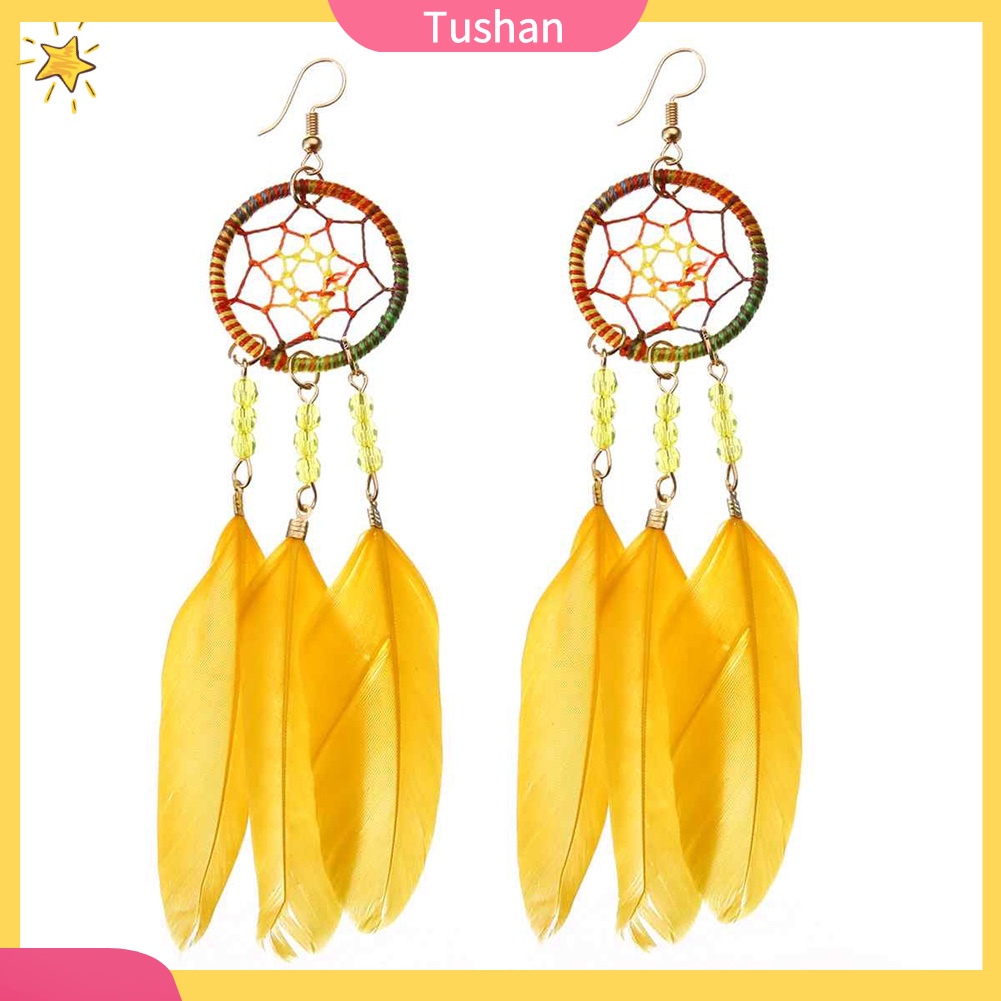 Đôi khuyên tai dài kiểu Dream Catcher gắn lông vũ thời trang cho nữ