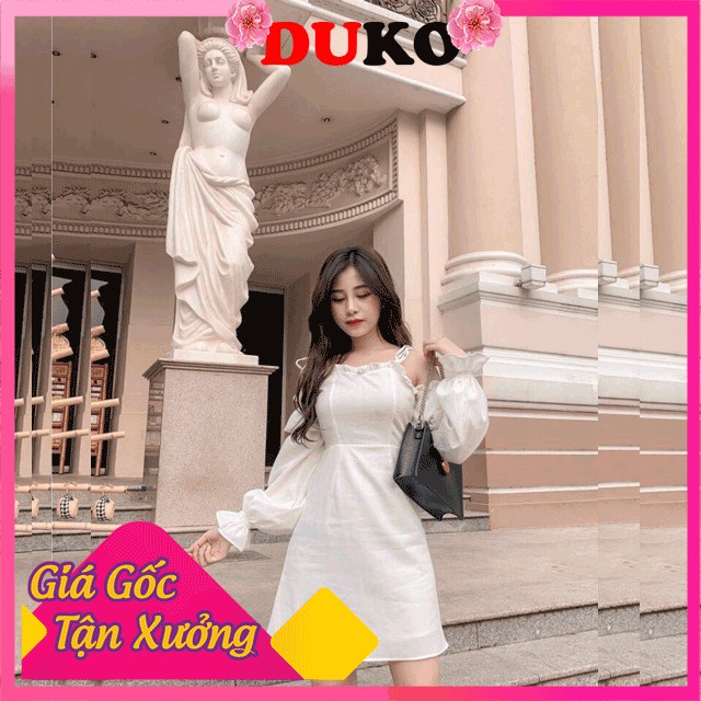 Váy trễ vai trắng tiểu thư dáng dài tay bo, Đầm trắng trễ vai ulzzang bánh bèo DUKO FASHION V03