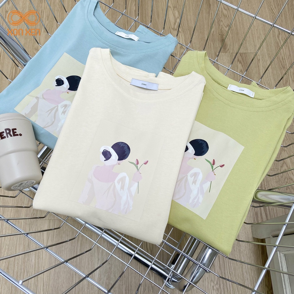 Áo thun nữ áo thun form rộng in hình cô gái cầm hoa Xonxen shop freesize mã 213