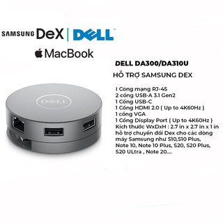 Bộ chuyển đổi (Hub) Dell DA300 / DA310U - USB C to HDMI/VGA/DP/Ethernet/USBC/USB-A - Hàng Chính Hãng