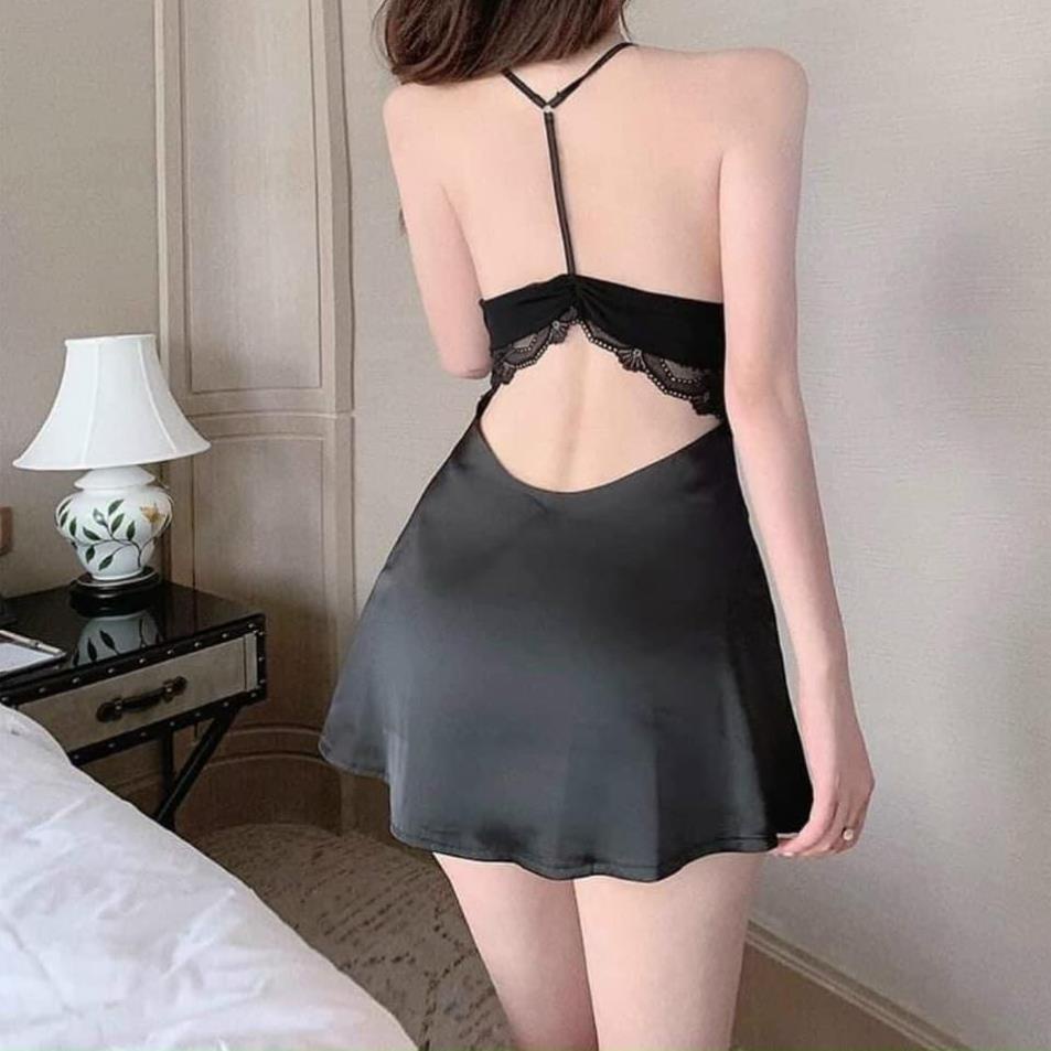 Váy ngủ nữ sexy phối ren   đầm ngủ hở lưng gợi cảm lụa satin cao cấp (tặng chíp lọt khe)
