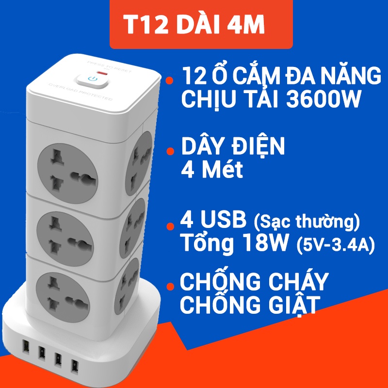 Ổ Cắm Tháp Đa Năng T8/T12 SHOPTIDA,Ổ Điện có 4 cổng USB chịu tải cao 3600W An Toàn Chống Cháy Chống Giật, dây dài 3/4m