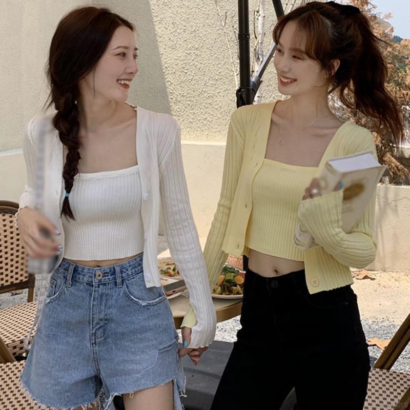 Set áo croptop hai dây và áo khoác cardigan tay dài croptop màu trơn thời trang gợi cảm cho nữ có bán lẻ