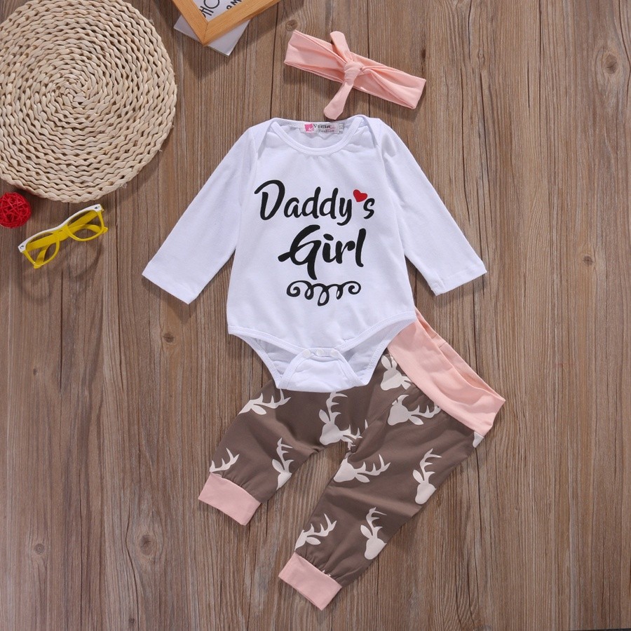 ღ♛ღBaby Girl Long Sleeve Romper+Pants+Headband Outfit Set