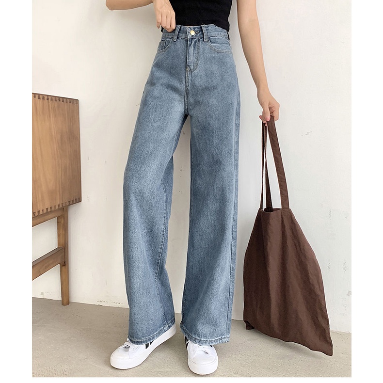 Quần Denim Lưng Cao Ống Rộng Thời Trang Trẻ Trung
