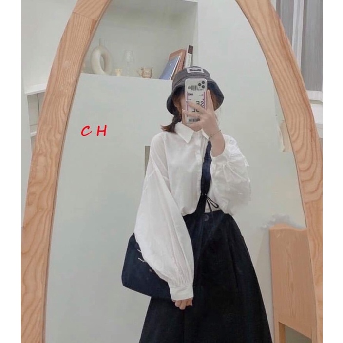 Áo sơ mi trắng form thụng tay áo cánh dơi đẹp chuẩn hình, có ảnh và video thật