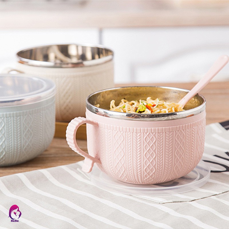 【Hàng mới về】 Stainless Steel Bowl with Lid Spoon for Instant Noodles Rice Household Utensils