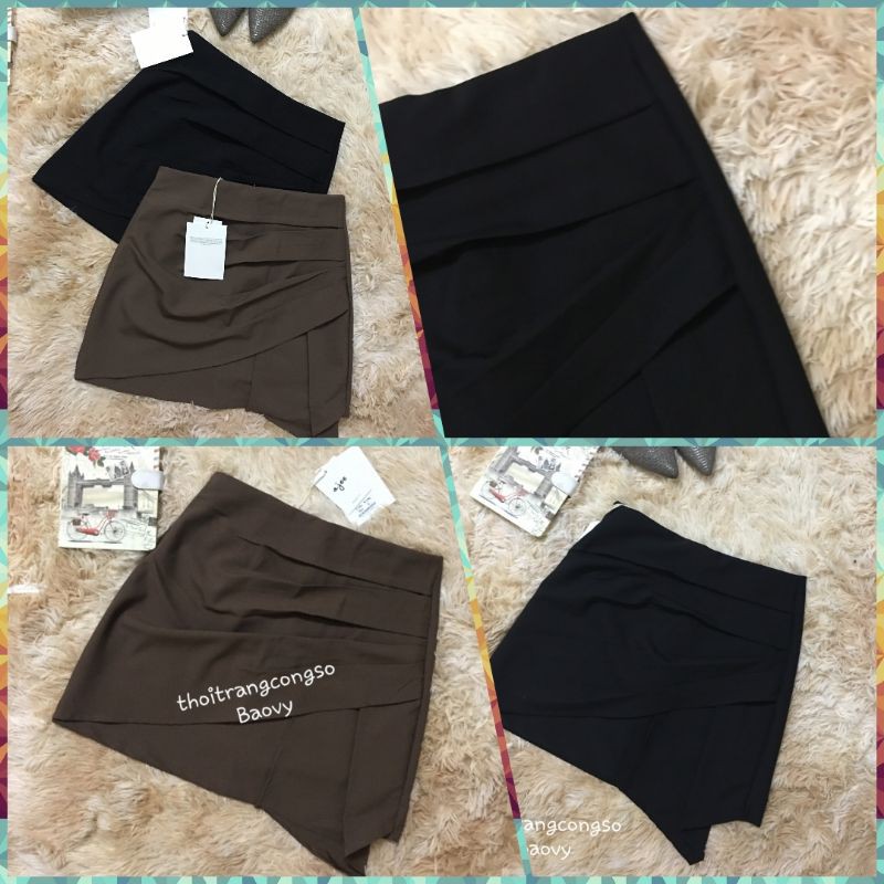💥Chân Váy Ngắn A Cách Điệu Bên Hông Cực Sang Tà Lệch Hai Màu Đen - Nâu Tây Trẻ Trung Năng Động