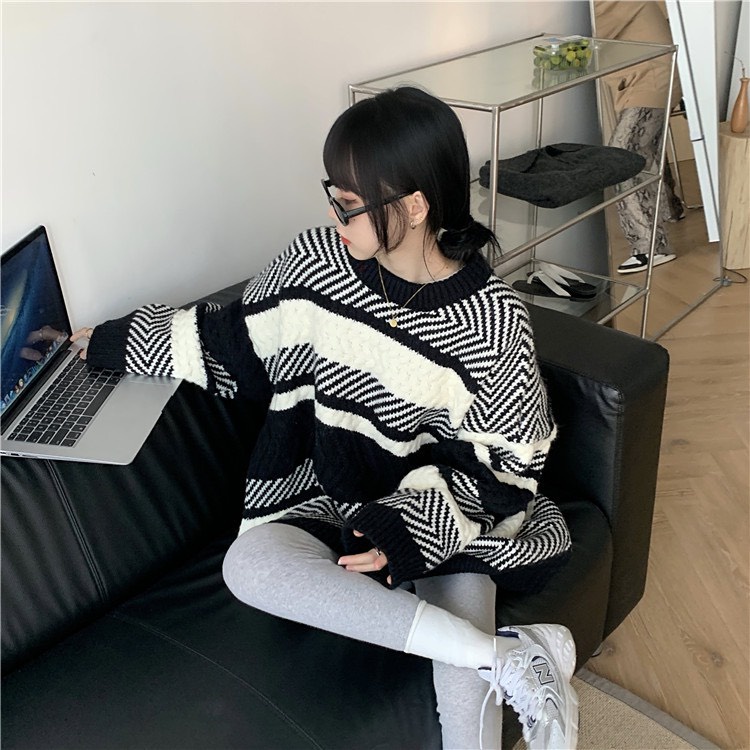 Áo len nữ hàn quốc form rộng kẻ sọc ngang 2021, áo sweater nữ len form rộng dệt kim | BigBuy360 - bigbuy360.vn