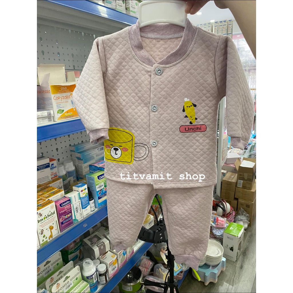 Bộ dài unchi cúc giữa trần bông in hình, bộ trần bông cho bé sơ sinh