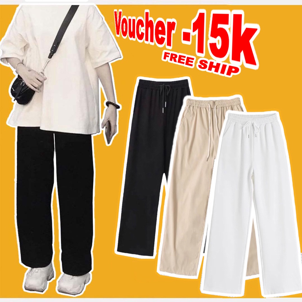 Quần ống suông, kiều quần ống rộng dành cho nữ, cạp chun có dây rút điều chỉnh eo đi học đi chơi