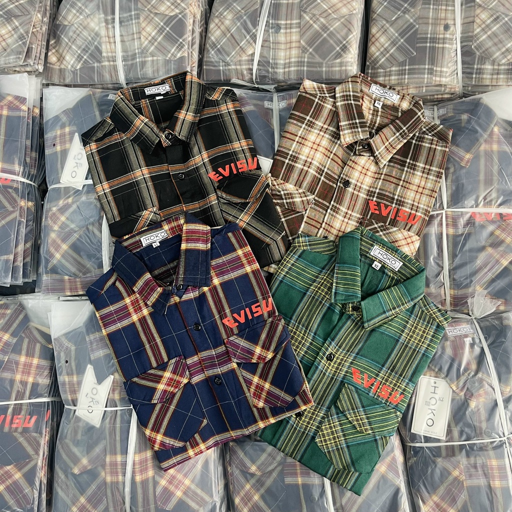 Áo Sơ Mi Nam Tay Ngắn EVISU Vải Caro Nỉ Mềm Cao Cấp Phong Cách Thời Trang Mới Hot Trend