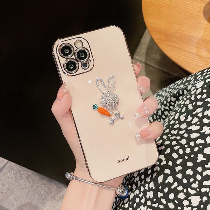 Ốp Điện Thoại TPU Dẻo Viền Vuông Kim Cương In Hình Thỏ Hoạt Hình Cho iPhone 13 12 11 Pro Max iPhone X XR XS Max 7 8 6 6s Plus