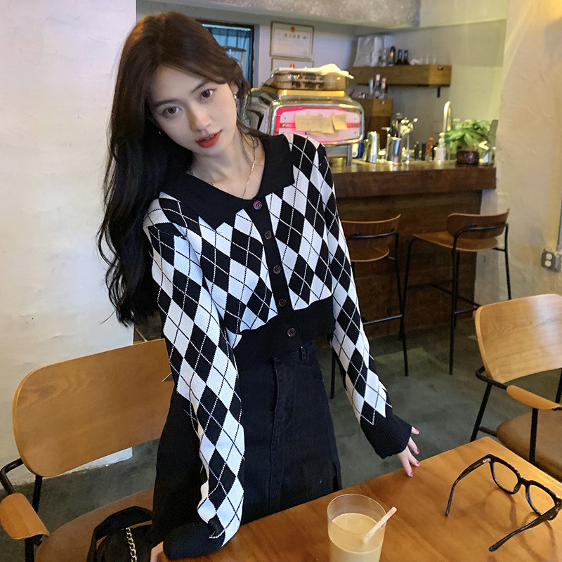 Áo Cardigan Dệt Kim Tay Ngắn Cổ Bẻ Kẻ Sọc Phong Cách Hàn Quốc Cho Phụ Nữ