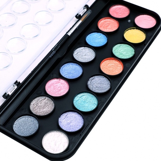 Bộ màu nước nhũ Mont Marte 16/36 màu nhũ và kèm cọ vẽ màu nước Metallic Watercolour Cake Set