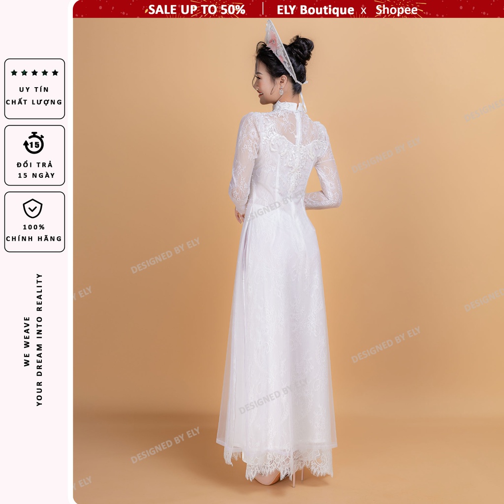 Áo dài cưới truyền thống ELY áo dài trắng kết ren cao cấ 3 lớp 6 tà ELR04