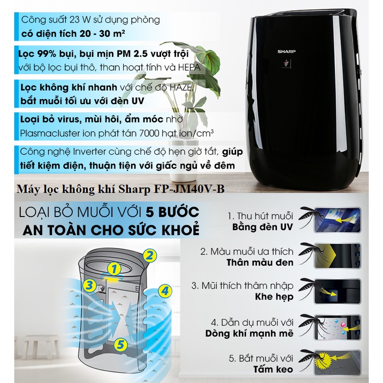 Máy lọc không khí inverter Sharp cảm biến báo chất lượng không khí, khử mùi, hút bụi mịn cho phòng 30m2 - 50m2 - HAPOS