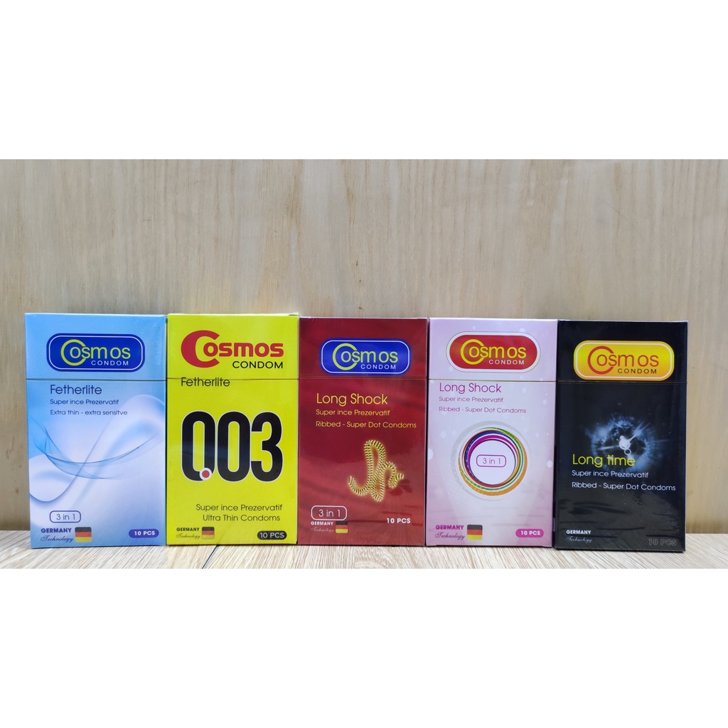 Bao cao su COSMOS Fetherlite 0.03 màu Vàng, Hộp 10 cái, siêu siêu mỏng ôm sát, nhiều Gel bôi trơn, hương thơm khuyến rũ