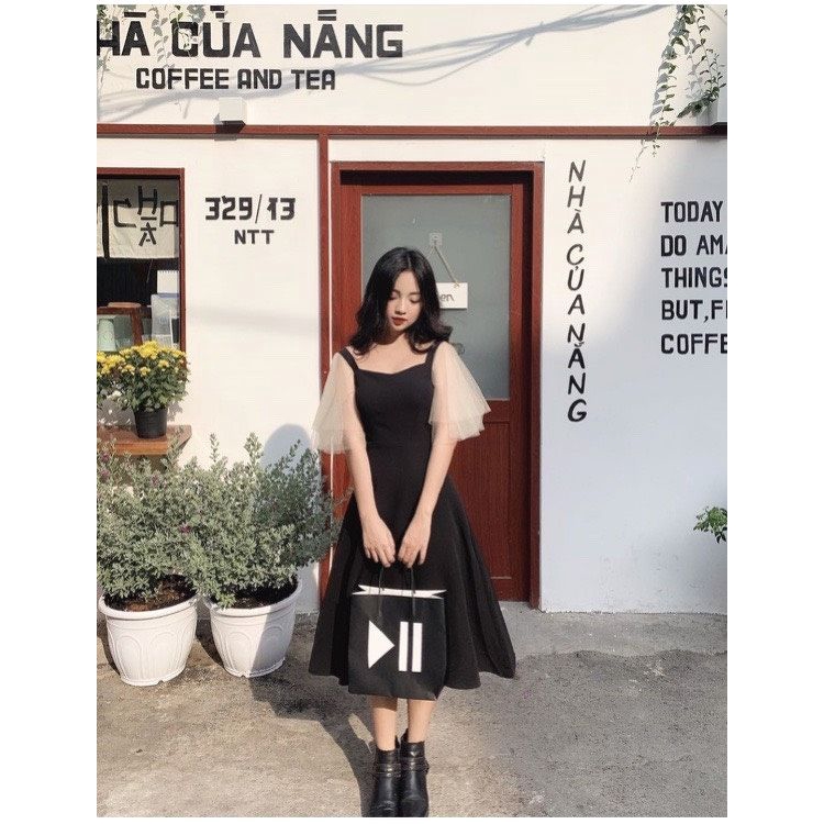 váy cổ vuông tay bèo Quảng Châu nhiều màu xinh xắn