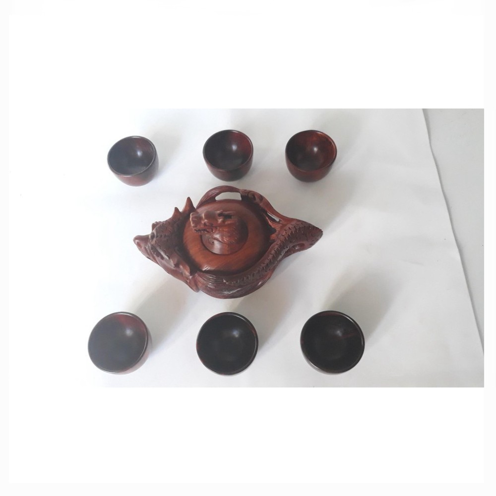 Bộ ấm chén trà mini kiểu rồng gỗ trắc đỏ đen ( 1 Ấm, 6 chén gỗ trắc) MS001