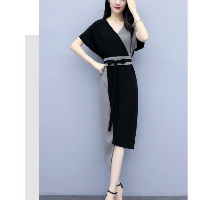Hàng nhập - Đầm dáng ôm cánh dơi phối màu, váy công sở thanh lịch