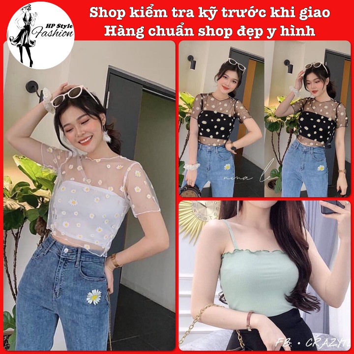 Set Áo Kiểu Croptop Hai Dây Thun Gân Và Áo Lưới Hoa Cúc Cực Xinh Hàng Chuẩn Shop