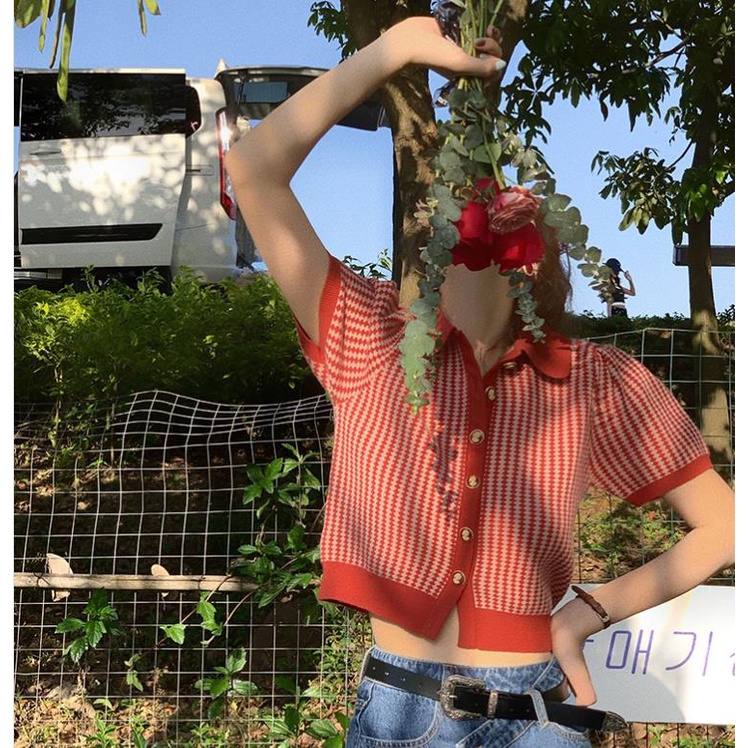 Áo Thun Dệt Kim Ngắn Tay Cổ Polo Họa Tiết Kẻ Sọc Phong Cách Vintage Cho Nữ