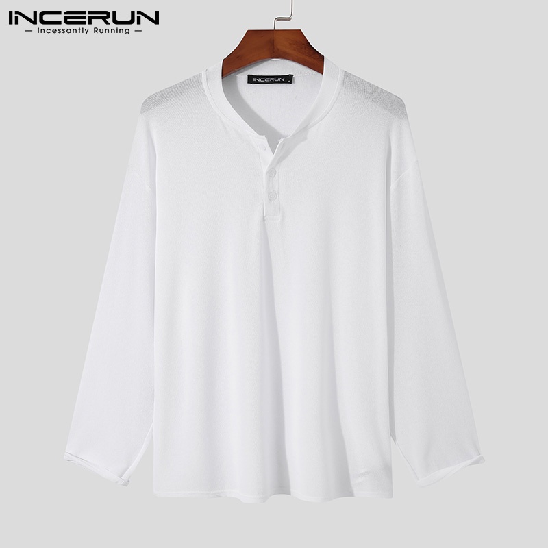 Áo thun INCERUN dài tay cổ chữ V màu trơn thời trang cho nam