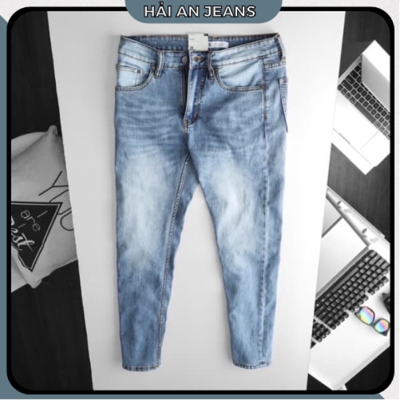 Quần jean nam ống ôm- xanh sáng- chất bò co giãn- hàng xuất xịn
