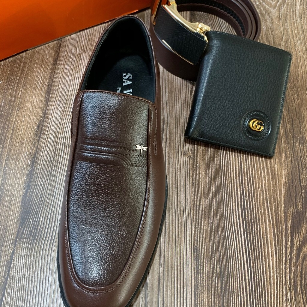 Giày nam trung niên da bò chuẩn nguyên tấm 100% màu nâu đế cao su có khâu phom chuẩn